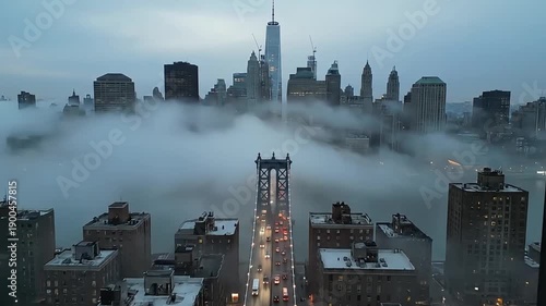 Misty New York City Skyline with One World Trade Center Emerging from Clouds.