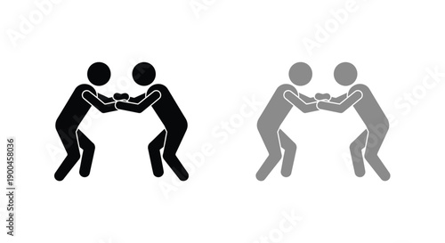 Simple stick figure icons depict two wrestlers grappling in a classic starting position illustration