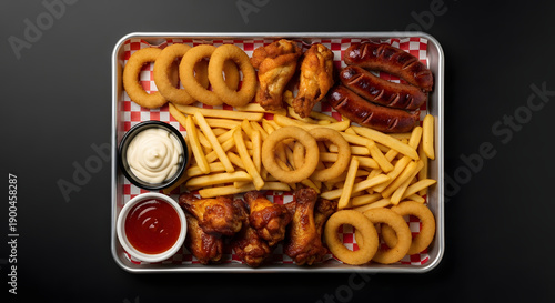 Delicious snack platter with onion rings, chicken wings, sausages, and french fries, perfect for sharing