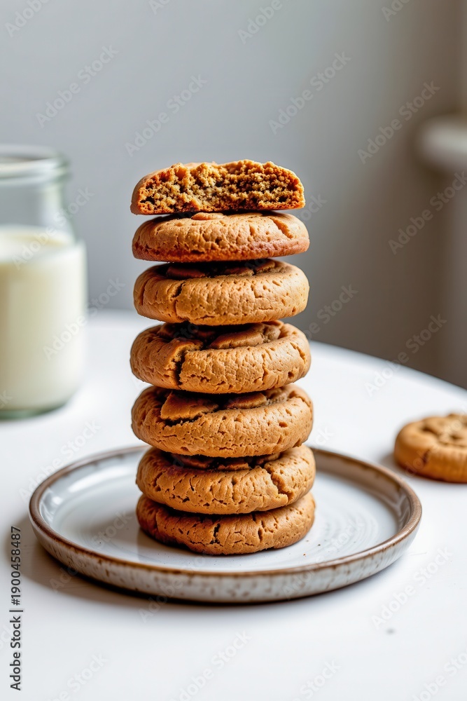 custom made wallpaper toronto digitalStack of rustic golden-brown cookies on ceramic plate with milk jar, showcasing homemade dessert texture and inviting bakery atmosphere.