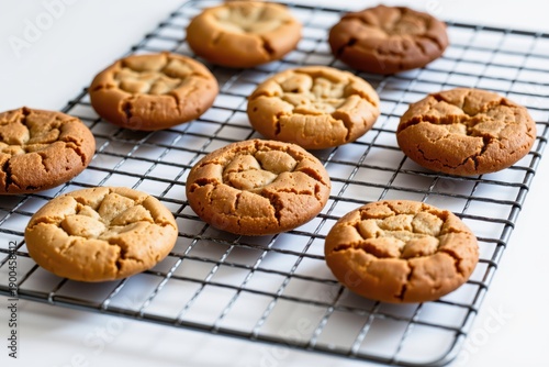 Wallpaper Mural Freshly baked golden-brown cookies cooling on metal wire rack over white surface, highlighting rustic cracked texture and soft homemade dessert appeal. Torontodigital.ca