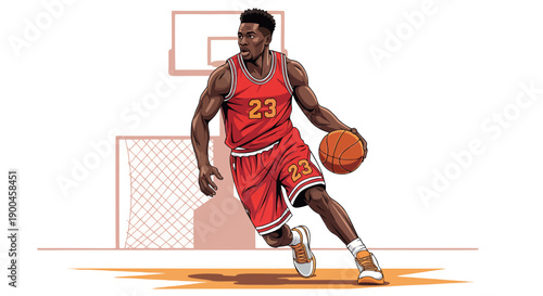 Silhouette of a basketball player jumping with a ball in action on the court