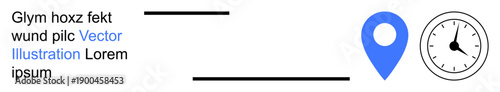 Navigation, geolocation, time management, scheduling, travel, logistics. Blue location pin next to a clock icon. Geolocation and time management conceptual design