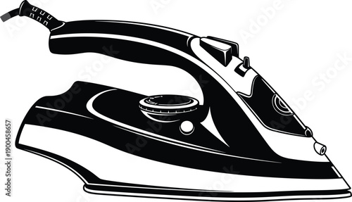 Black and white vector illustration of modern electric steam iron, household appliance with handle, cord, temperature control dial, steam nozzle, detailed contours