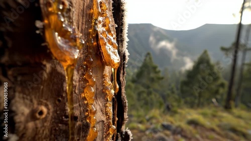 Amber Pine Resin Dripping Down Bark in Hazy Mountain Forest