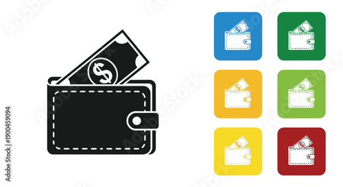 Simple graphic icon set depicting a leather wallet with cash sticking out for finance apps