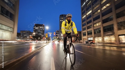 Adult male cyclist in yellow rain jacket rides fast on wet city street at night, urban commute and road safety theme, energetic motion blur and reflective lights