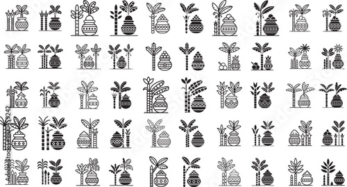 Black and white illustration of various plants in decorative pots on white background