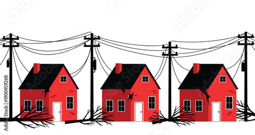 Damaged houses with fallen trees, storm disaster illustration, residential area destruction, broken rooftops, utility poles, power lines impact, severe weather aftermath vector