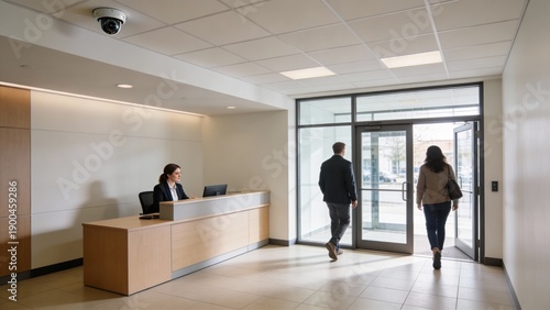 Modern office lobby with reception desk and security camera, business visitors walking to glass entry doors, calm professional mood for corporate real estate and hiring