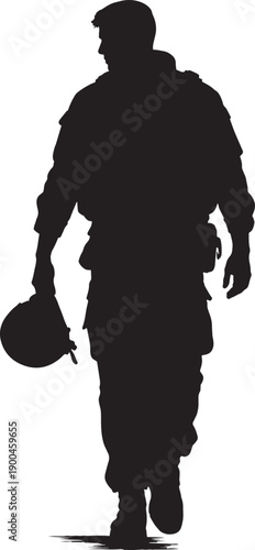 Walking Soldier Silhouette Holding Helmet, Fallen Hero Remembrance Concept, Memorial Day Tribute, Minimal Black Vector Isolated on White Background