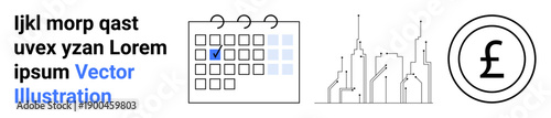 Scheduling, urban planning, financial management, currency exchange, economy, business strategy. Features a calendar, city outlines and a pound currency symbol. Scheduling and financial management