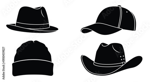 Variety of hats displayed in a striking black silhouette