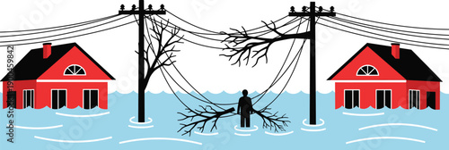 Flood disaster illustration, submerged houses, fallen tree branches, power lines 