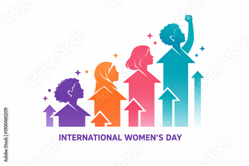 Diverse women ascend on colorful arrows symbolizing progress and empowerment on International Women's Day