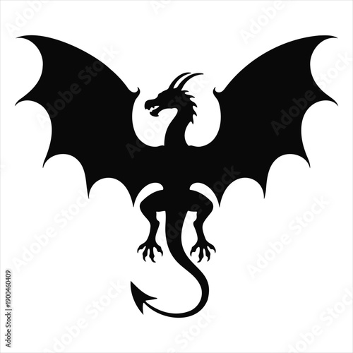 Black silhouette of dragon with wings spread wide open