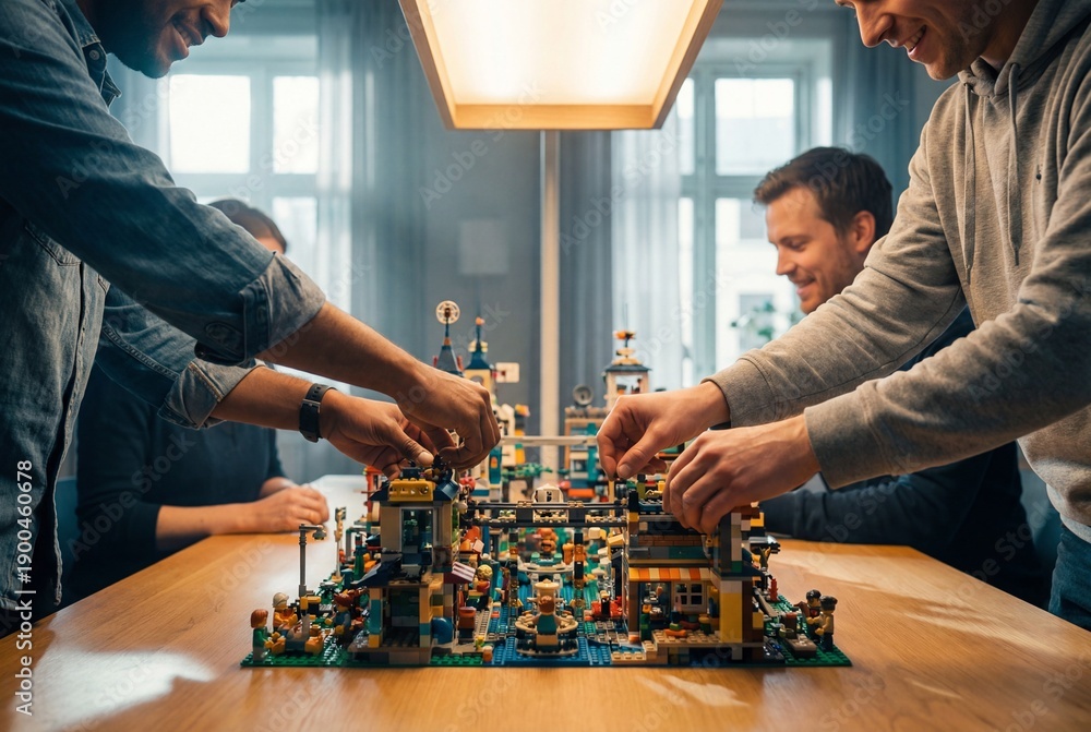 Fototapeta premium Hands collaboratively building a colorful LEGO structure on a table