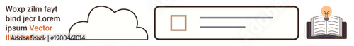Data storage, education, libraries, cloud platforms, search tools, digital learning. A cloud, search bar and open book with a light bulb. Cloud technology and education concepts