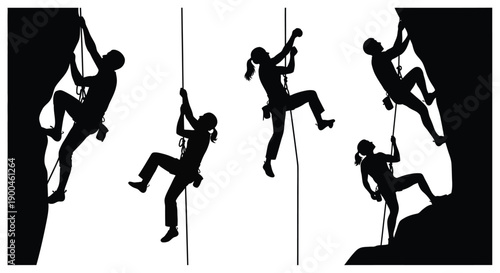 Rock climbers ascending a wall in dynamic poses a black silhouette
