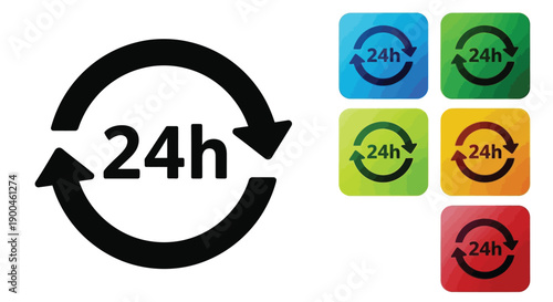 Black and colorful icons representing twenty four hour service availability and constant support symbol