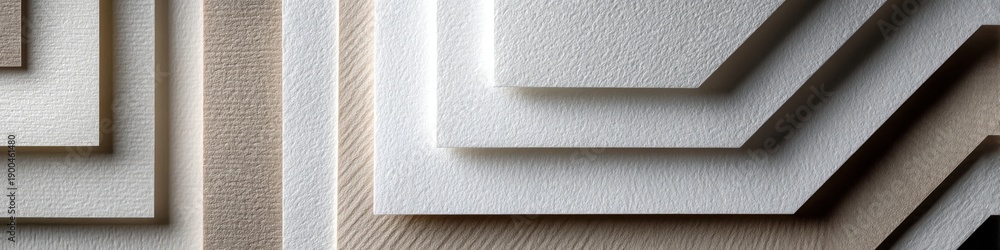 Fototapeta premium Layers of crisp white rectangular paper arranged abstractly create a modern geometric background, showcasing the texture and depth of the various paper sheets.