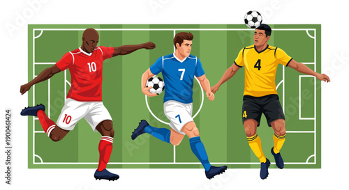 Soccer players in action with a ball on a green field vector illustration