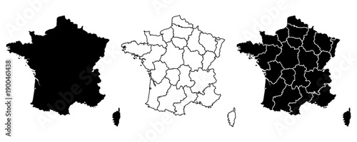 France country vector map in white background.France political map. Low detailed. Solid simple style.France map silhouette linear and black illustration.Black and white. Vector editable.	