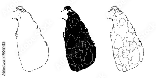 Sai Lanka country vector map in white background.Sai Lanka political map. Low detailed. Solid simple style.Sai Lanka map silhouette linear and black illustration.Black and white. Vector editable.	