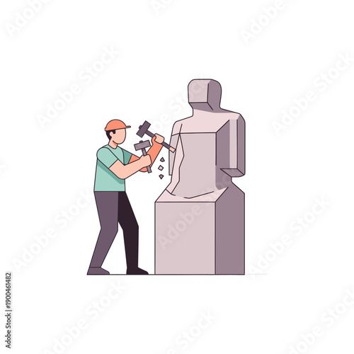 Minimal vector icon of a sculptor carving a stone statue with chisel and hammer