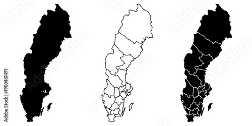 Sweden country vector map in white background.Sweden political map. Low detailed. Solid simple style.Sweden map silhouette linear and black illustration.Black and white. Vector editable.	