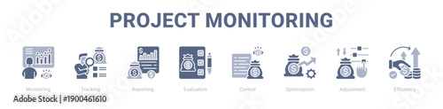 Project Monitoring web banner icon vector illustration concept ,  with icon of Monitoring, Tracking, Reporting, Evaluation, Control, Optimization.