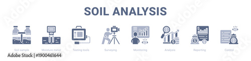 Soil Analysis web banner icon vector illustration concept ,  with icon of Soil sample, Moisture meter, Testing tools, Surveying, Monitoring, Analysis.