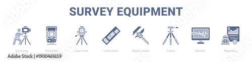 Survey Equipment web banner icon vector illustration concept ,  with icon of Surveying, Theodolite, Laser level, Level meter, Digital caliper, Tripod.