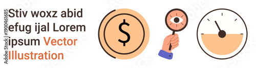 Financial services, business strategy, data analysis, monitoring tools, money management, economy. Dollar sign icon, hand with magnifying glass speedometer gauge. Financial services and business