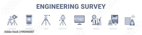 Engineering Survey web banner icon vector illustration concept ,  with icon of Surveying, Theodolite, Tripod, Laser level, Monitor, Analysis.