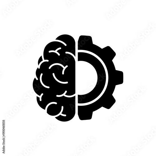 Single vector silhouette icon of a brain integrated with a gear, innovation and intellectual property rights concept