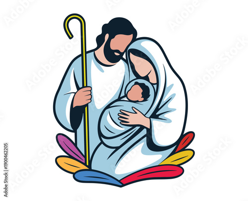 Holy Family with Shepherd's Crook and Colorful Leaves jesus mary joseph infant.