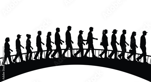 People Silhouettes Walking Across a Curved Bridge or Arch