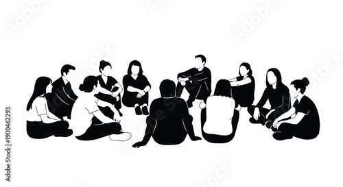 Diverse Group of People Silhouettes Sitting in a Circle Talking