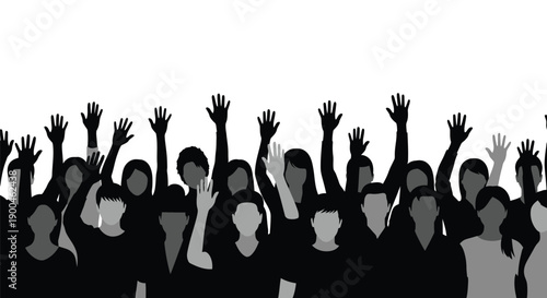 Crowd of People Silhouettes with Hands Raised in Celebration