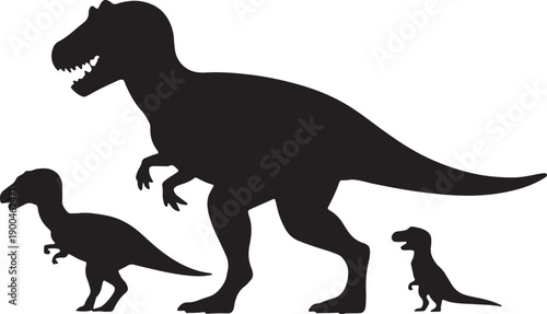 Three black dinosaur silhouettes of varying sizes on a white background prehistoric