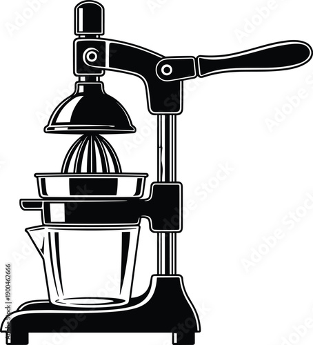 Manual citrus juicer vector illustration, kitchen appliance design, lever press orange squeezer, fruit juice extractor tool, healthy lifestyle equipment, food preparation concept artwork