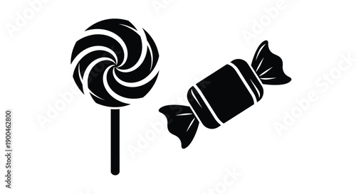 Black and white candy icons a swirl lollipop and wrapped treat silhouette
