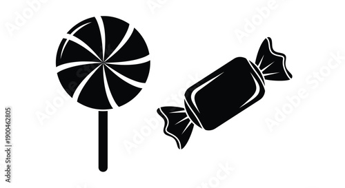 Black and white candy icons a lollipop and wrapped sweet silhouette