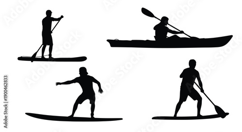 Water sports activities including paddleboarding and kayaking a black silhouette