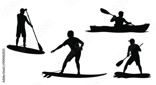 Water sports activities featuring paddleboarding and kayaking silhouette