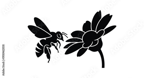 A black silhouette of a bee visiting a flower