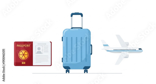 Blue suitcase passport and airplane for travel.