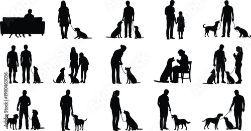 Silhouette vector illustration of people interacting with dogs, walking, training, sitting, bonding, family activities, companionship, pet care, lifestyle scenes, friendship