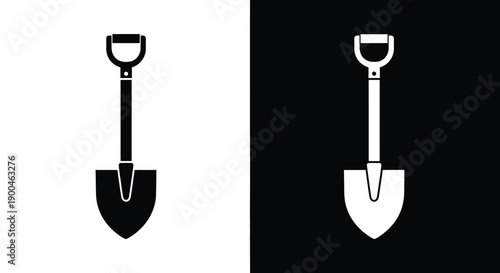 Simple graphic illustration of a shovel icon presented in contrasting black and white formats